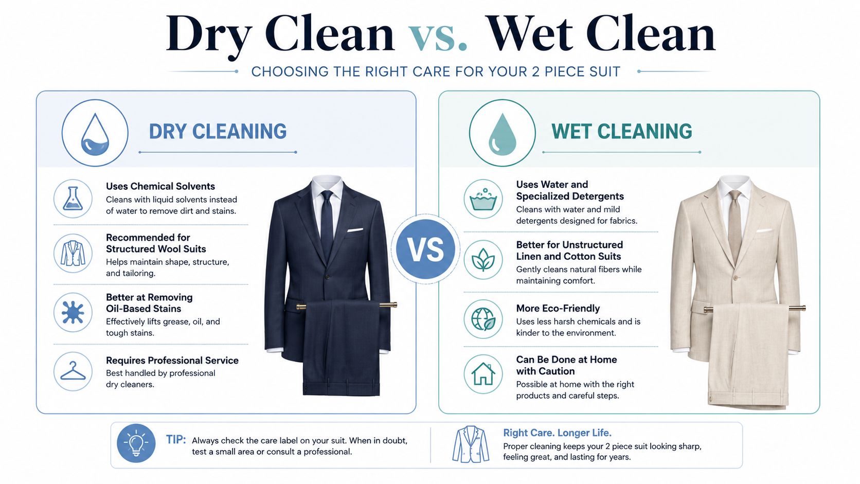 A comparison infographic detailing the differences between dry cleaning and wet cleaning for 2 piece suits.