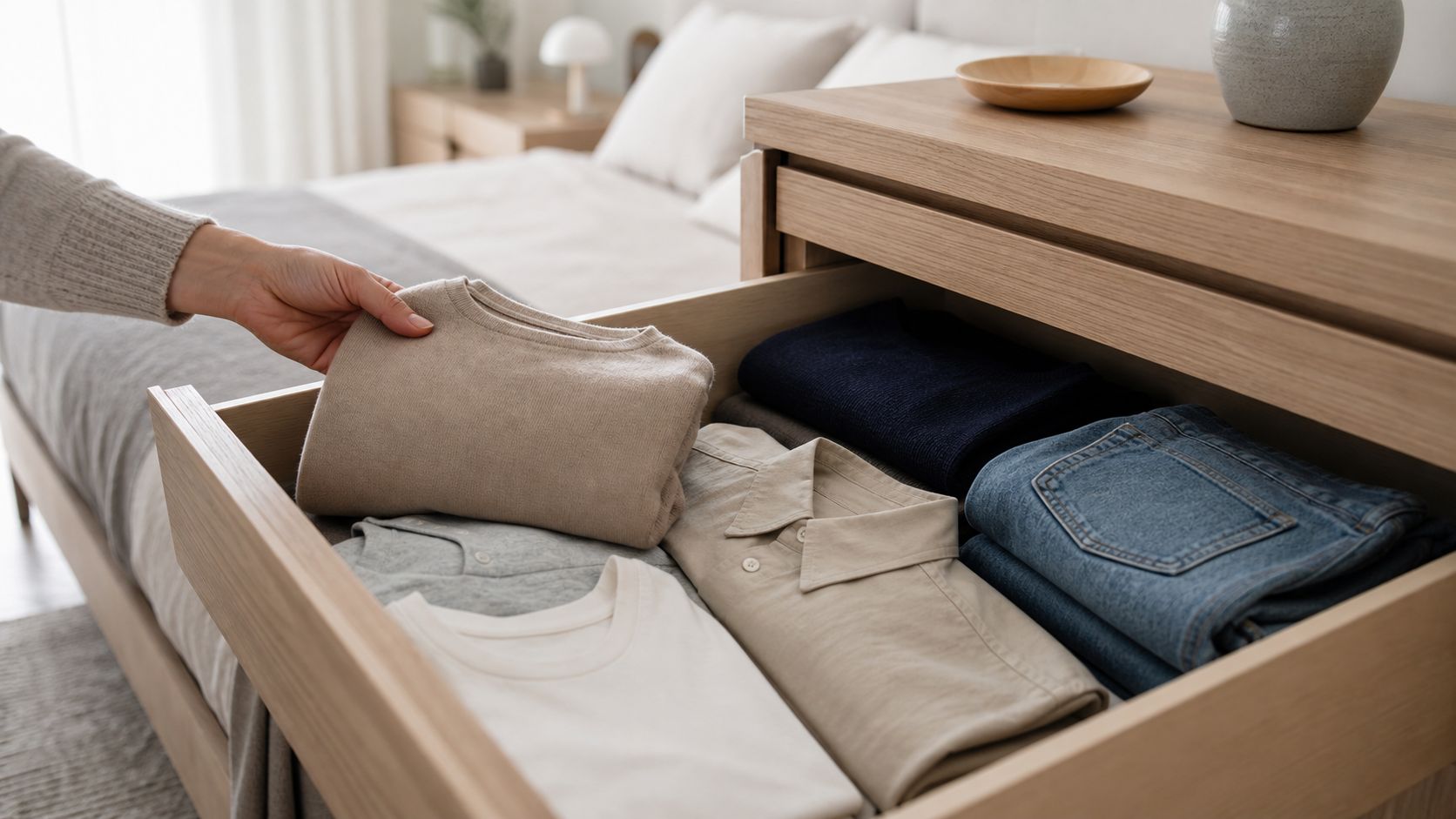 A person holding a folded beige sweater while organizing clothes inside a wooden bedroom dresser drawer.