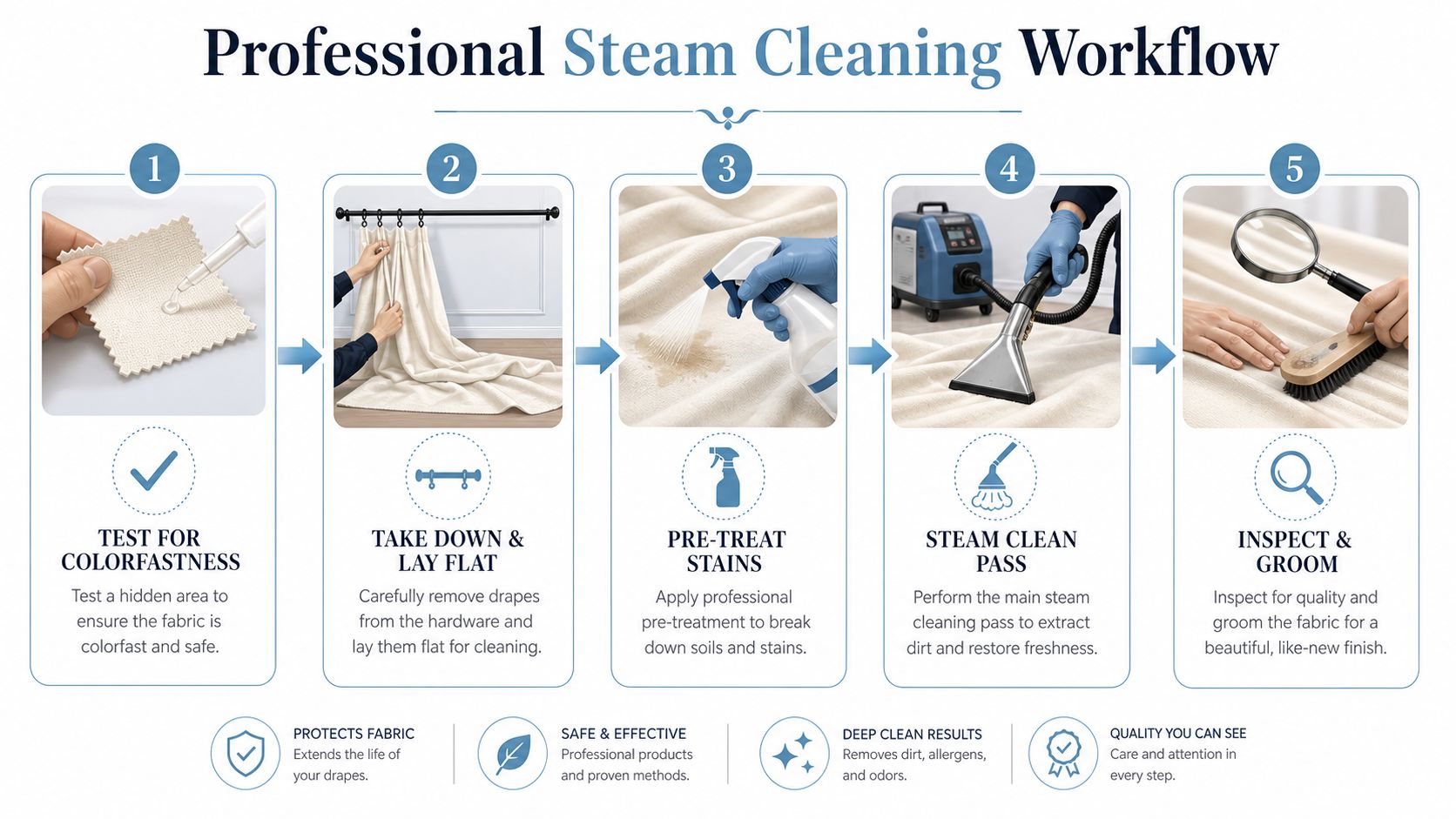 A professional five-step infographic showing the steam cleaning process for fabric drapes and curtains.