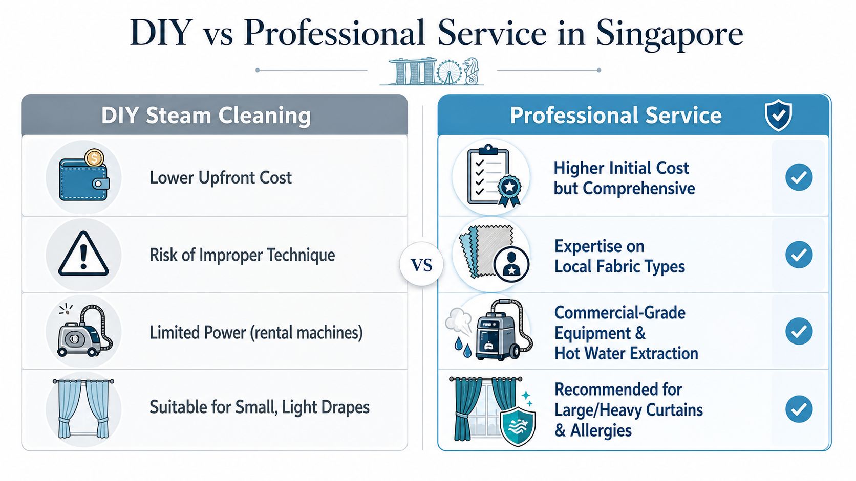 A comparison chart showing the differences between DIY steam cleaning and professional curtain cleaning services in Singapore.