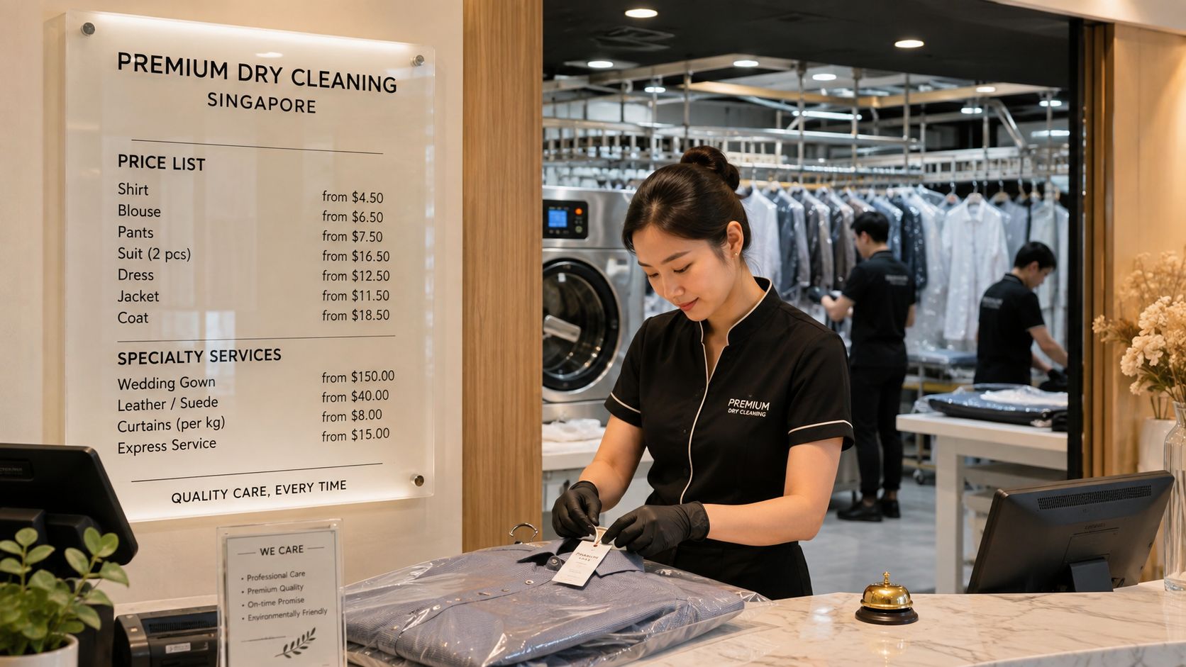 A professional employee at a dry cleaning service in Singapore prepares a shirt for a customer.