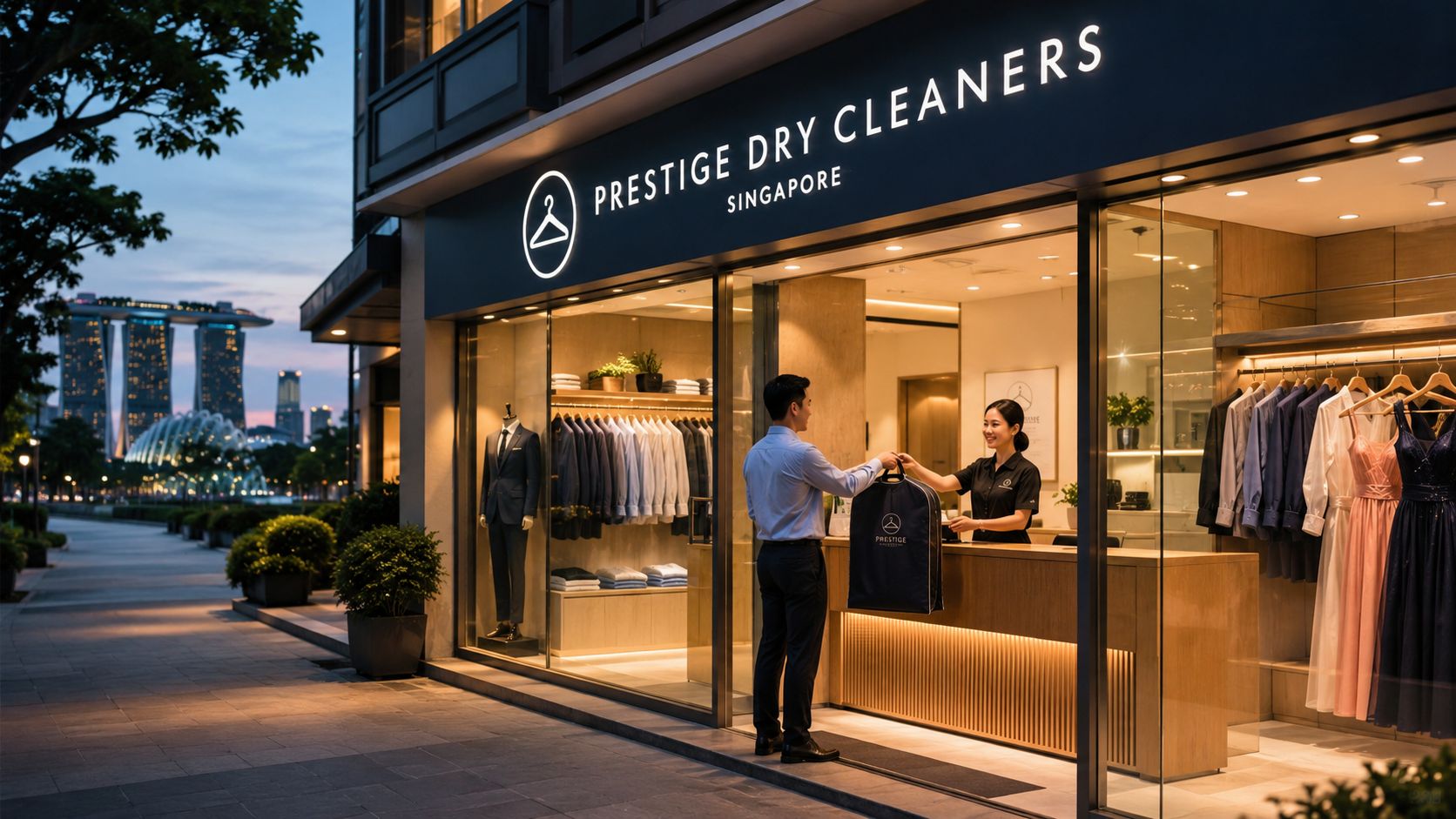 A customer handing a garment bag to an employee at a high-end dry cleaning shop in Singapore.