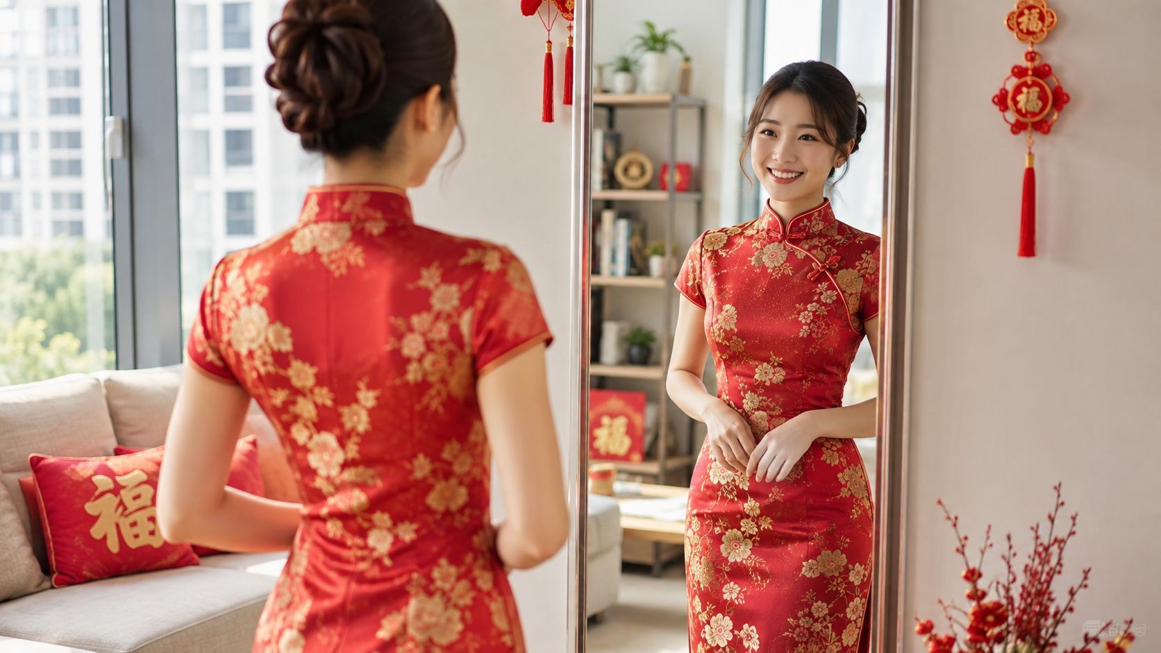A smiling young woman wearing a traditional red Chinese cheongsam qipao admiring herself in a mirror.