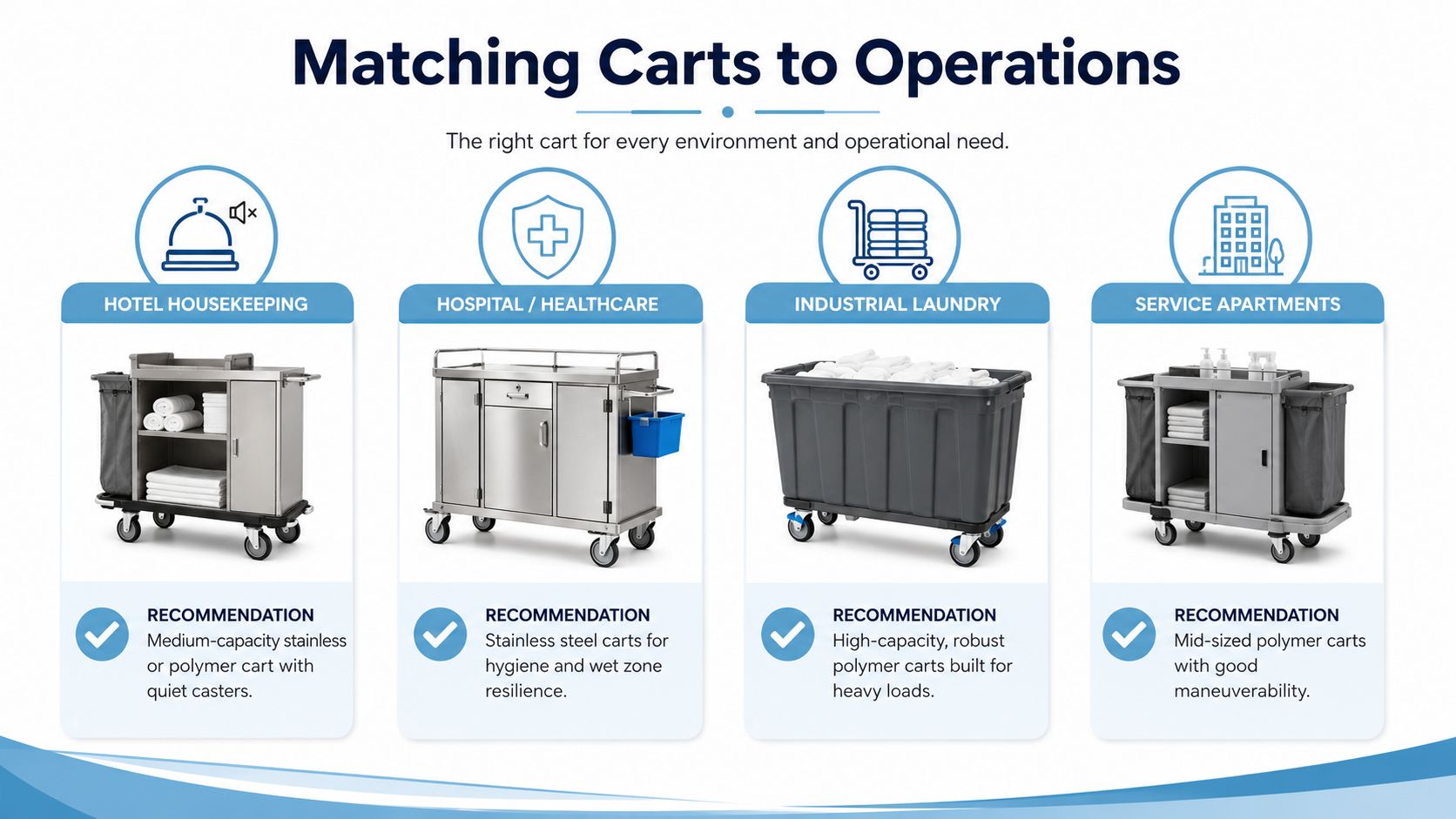 A guide matching different types of utility carts to specific operational environments like hotels, hospitals, and laundries.