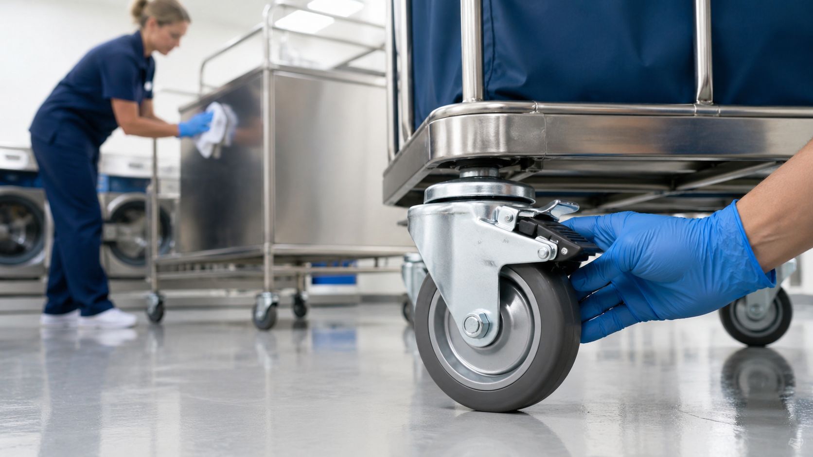 A person in blue gloves engages the locking mechanism on a industrial laundry cart castor wheel.