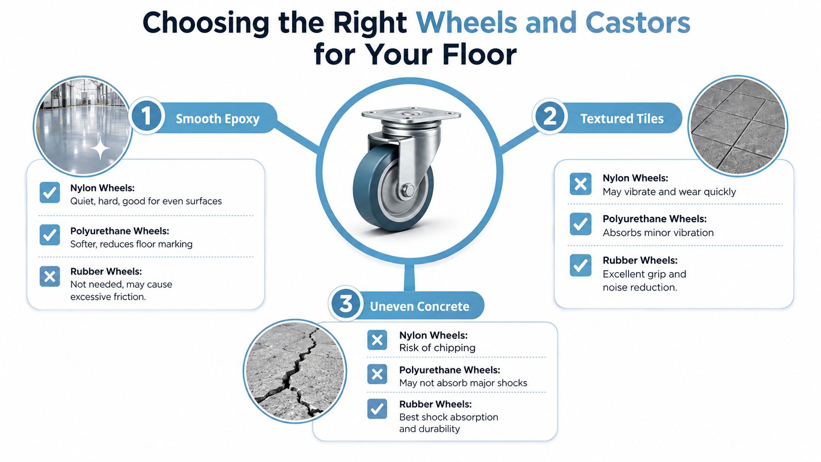 An infographic showing the best types of wheels and castors for smooth, textured, and uneven flooring surfaces.