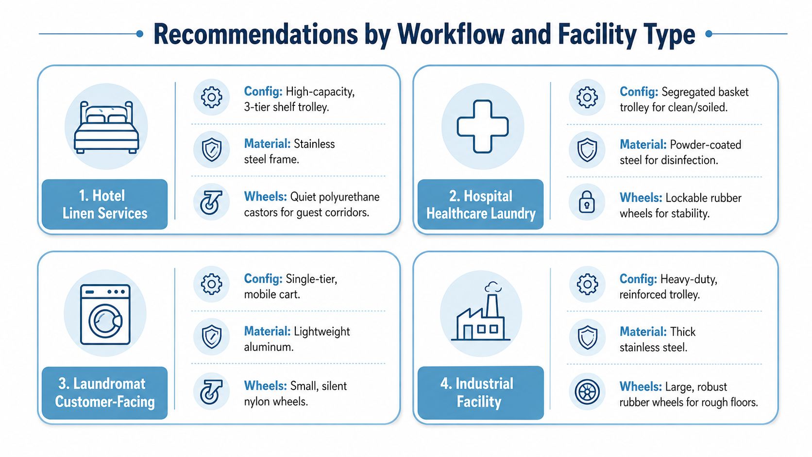 A chart detailing laundry trolley recommendations categorized by facility type including hotel, hospital, laundromat, and industrial.