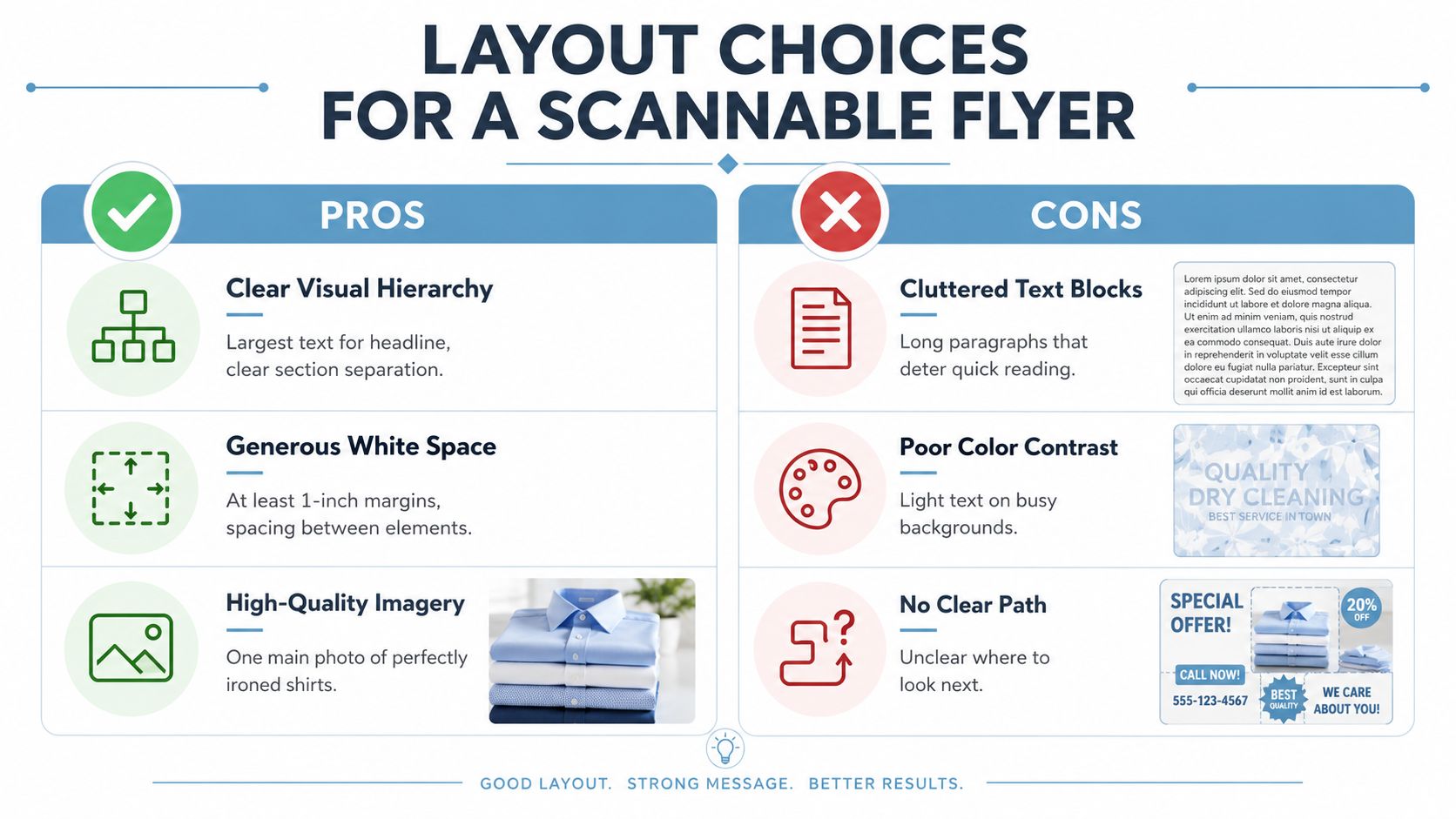 An infographic comparing the pros and cons of flyer layouts to guide users in creating effective designs.