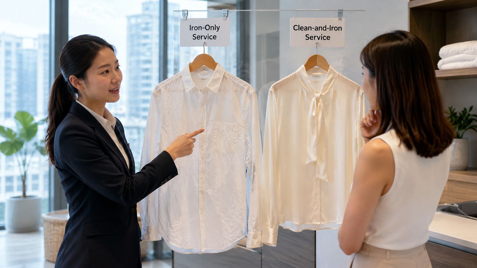 A professional woman explaining laundry service options to a customer with shirts hanging in the background.