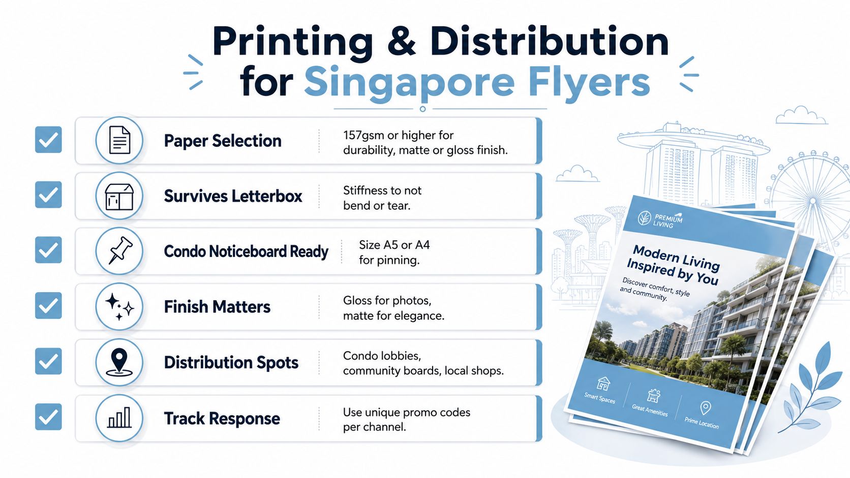 An infographic detailing tips for printing and distributing effective marketing flyers for businesses in Singapore.