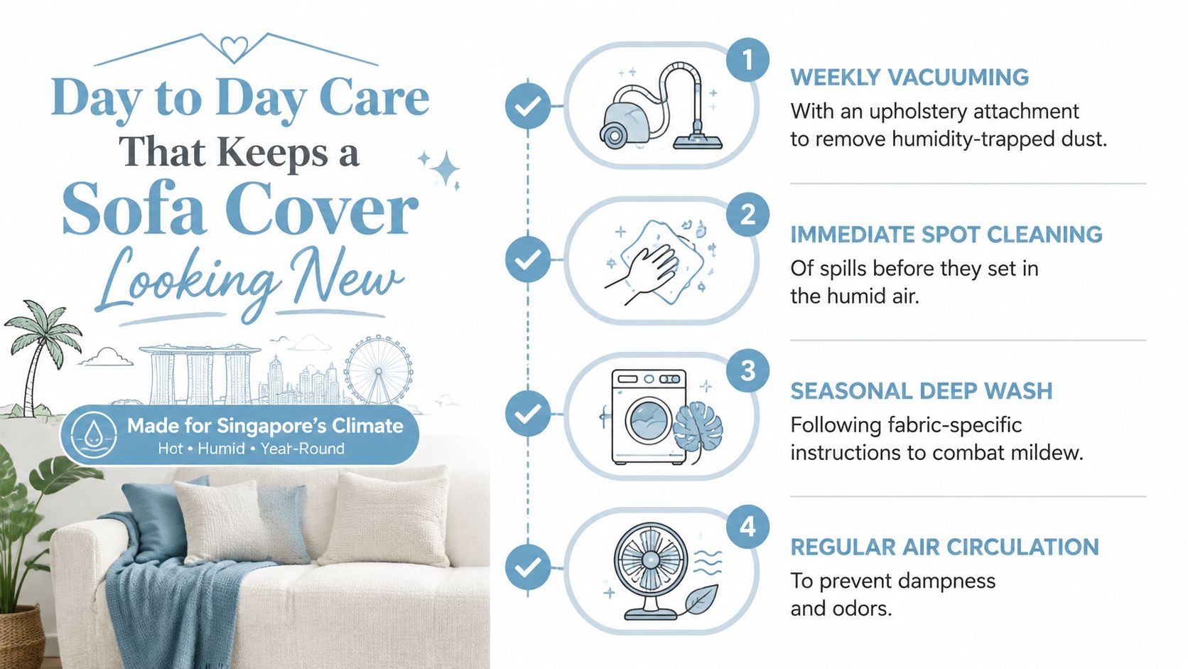 An infographic titled Day to Day Care That Keeps a Sofa Cover Looking New in Singapore's climate.