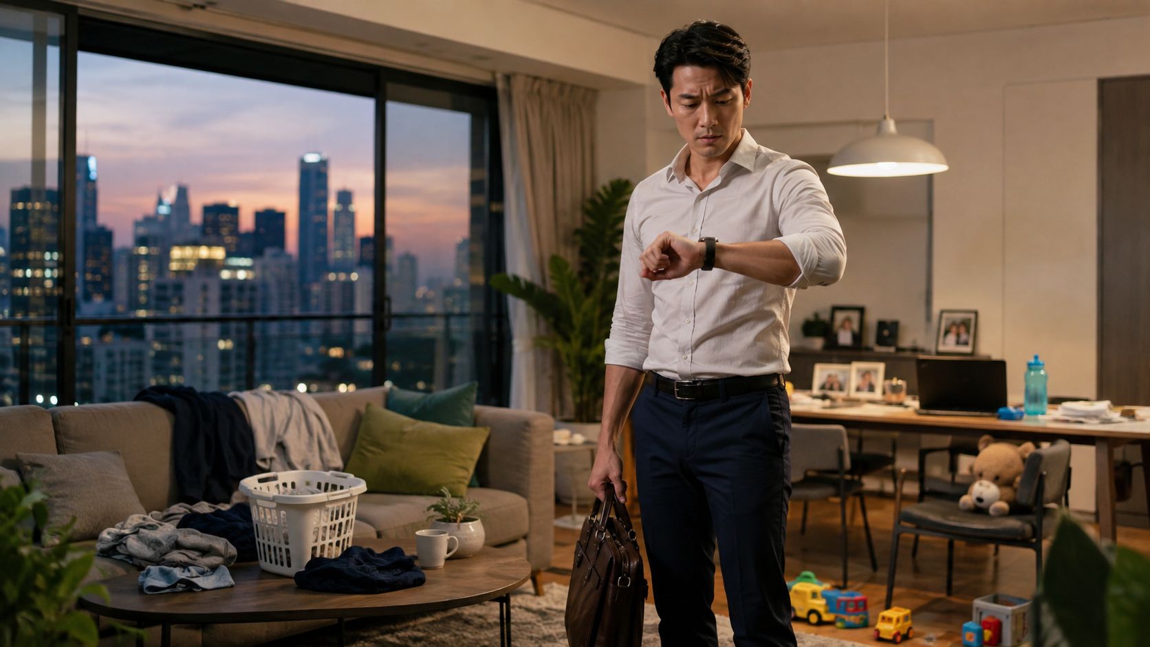A man in business attire looks at his watch while holding a briefcase in a cluttered apartment.