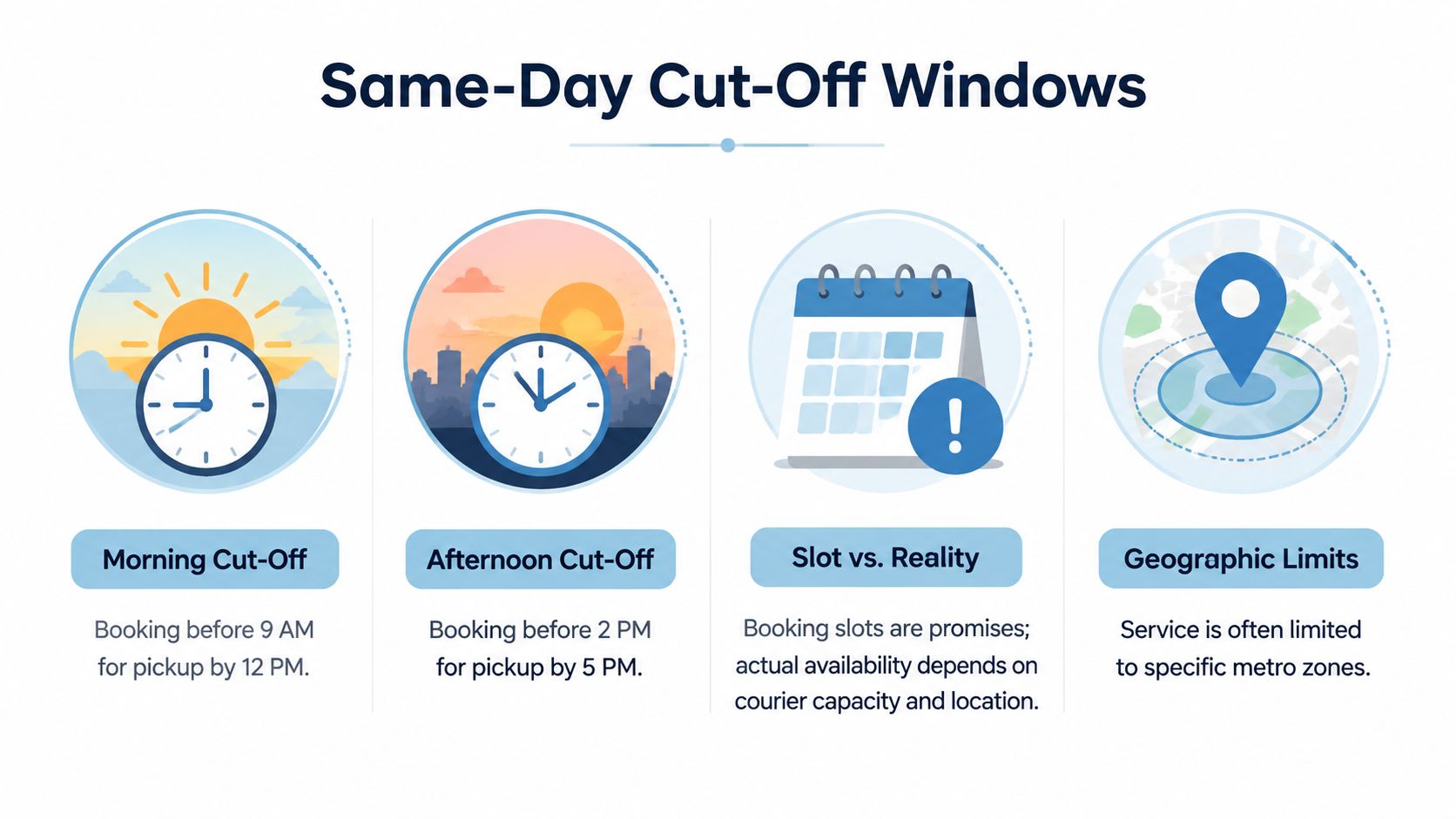 An infographic illustrating same-day pickup and delivery service cut-off times, booking slots, and geographic limitations.