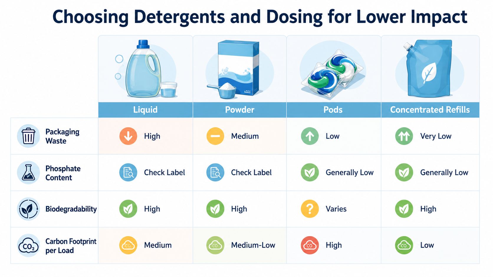 A comparison chart showing the environmental impact of liquid, powder, pods, and concentrated laundry detergent refills.