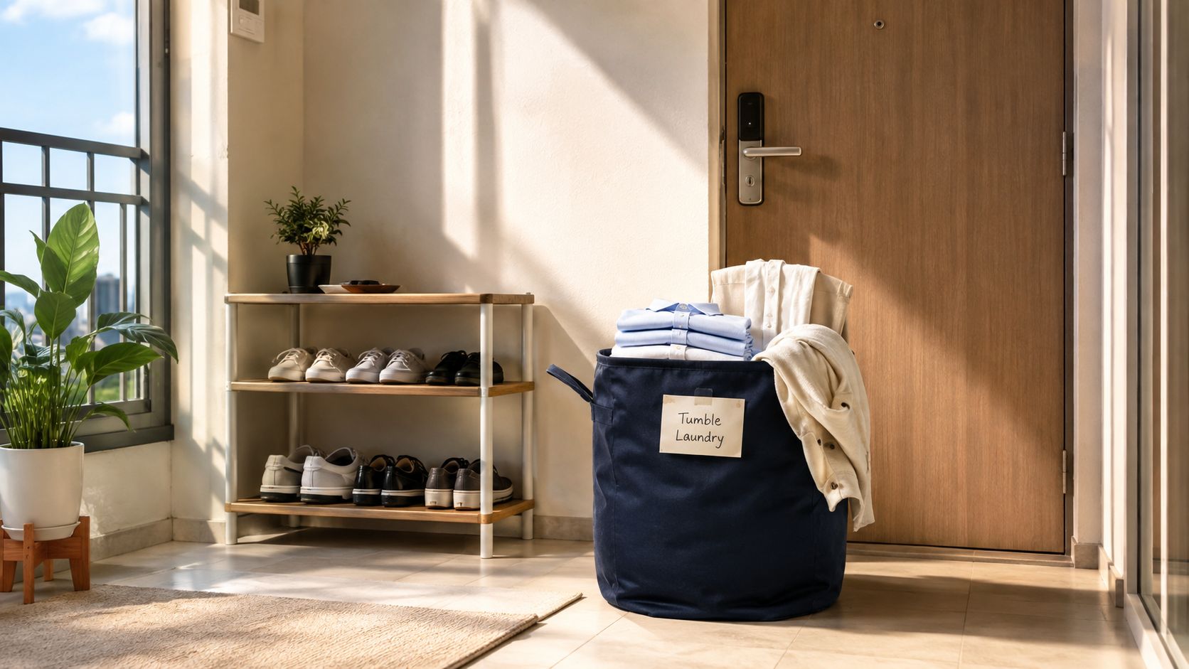 A laundry basket labeled Tumble Laundry sits next to a shoe rack and a potted plant indoors.