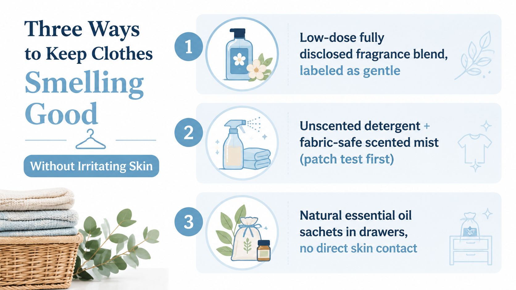An infographic showing three gentle methods for keeping clothes smelling fresh without causing skin irritation.