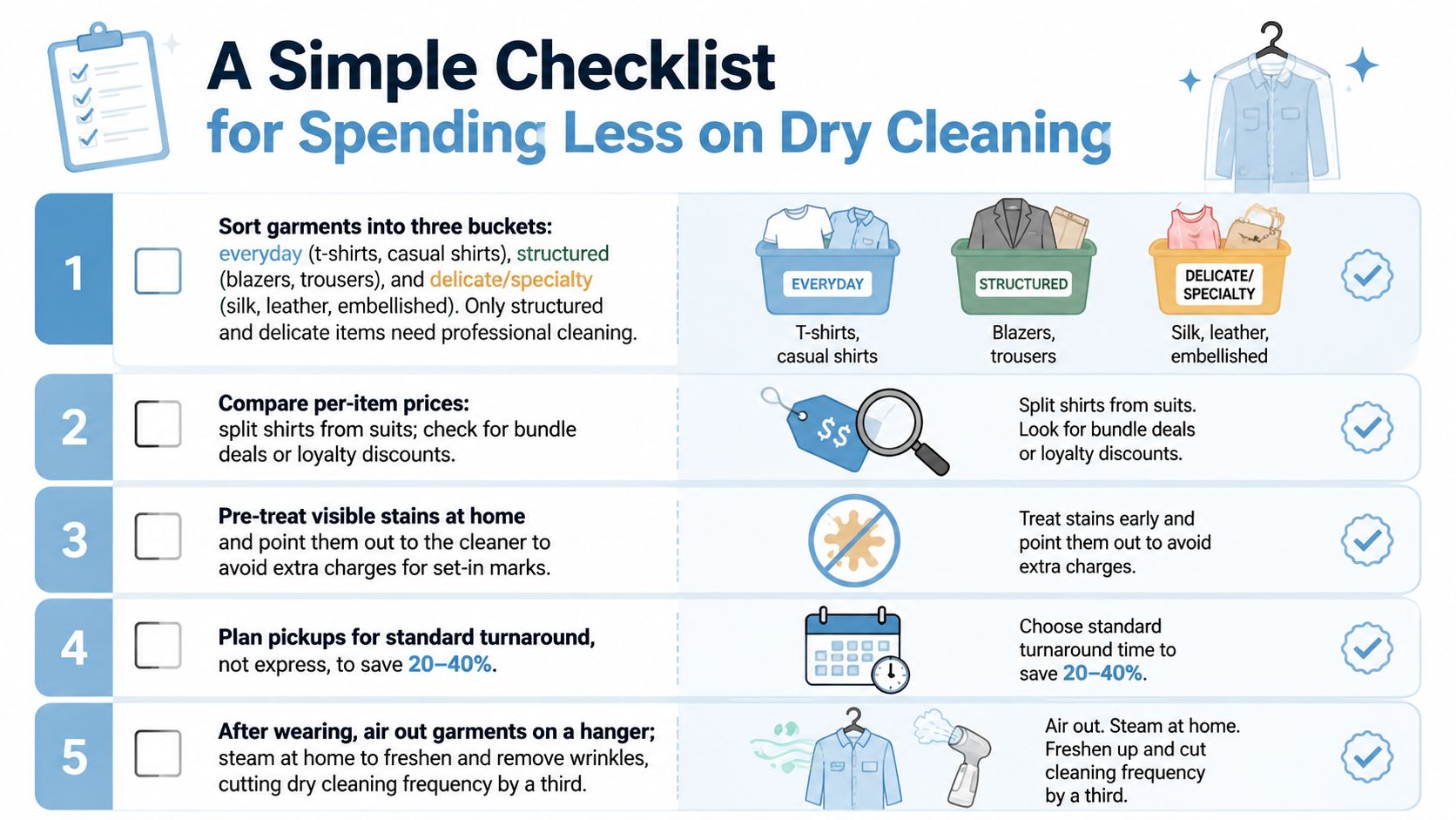 A five-step checklist illustrating tips on how to reduce expenses when using professional dry cleaning services.