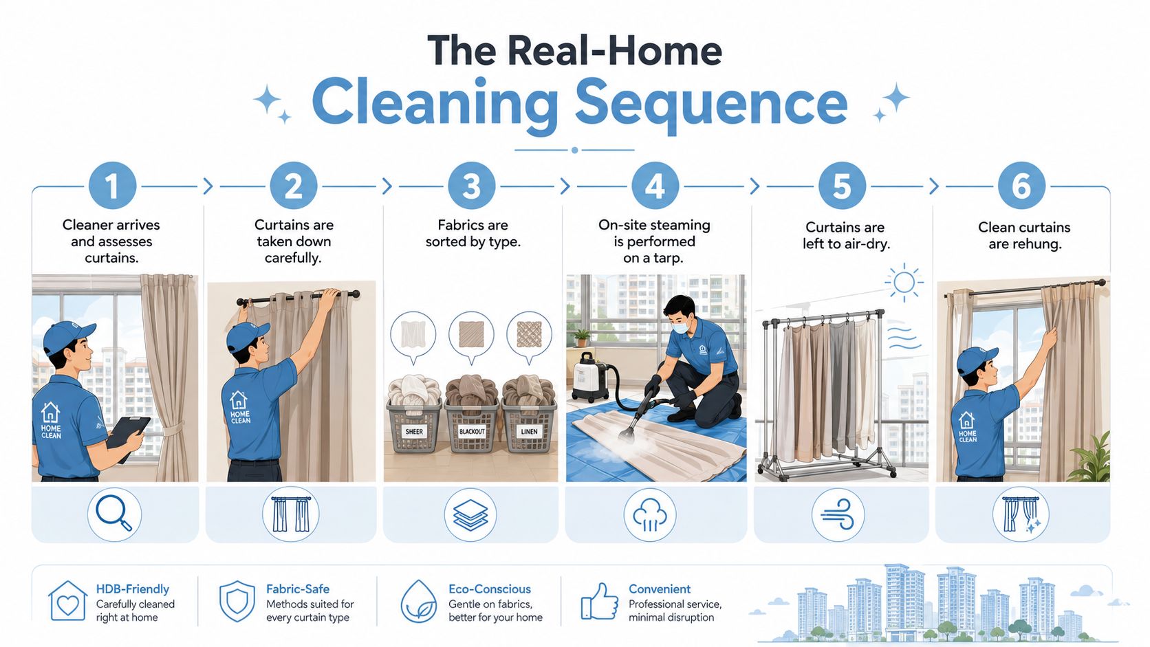 A professional infographic detailing the six-step real-home steam cleaning sequence for domestic curtains and drapery.