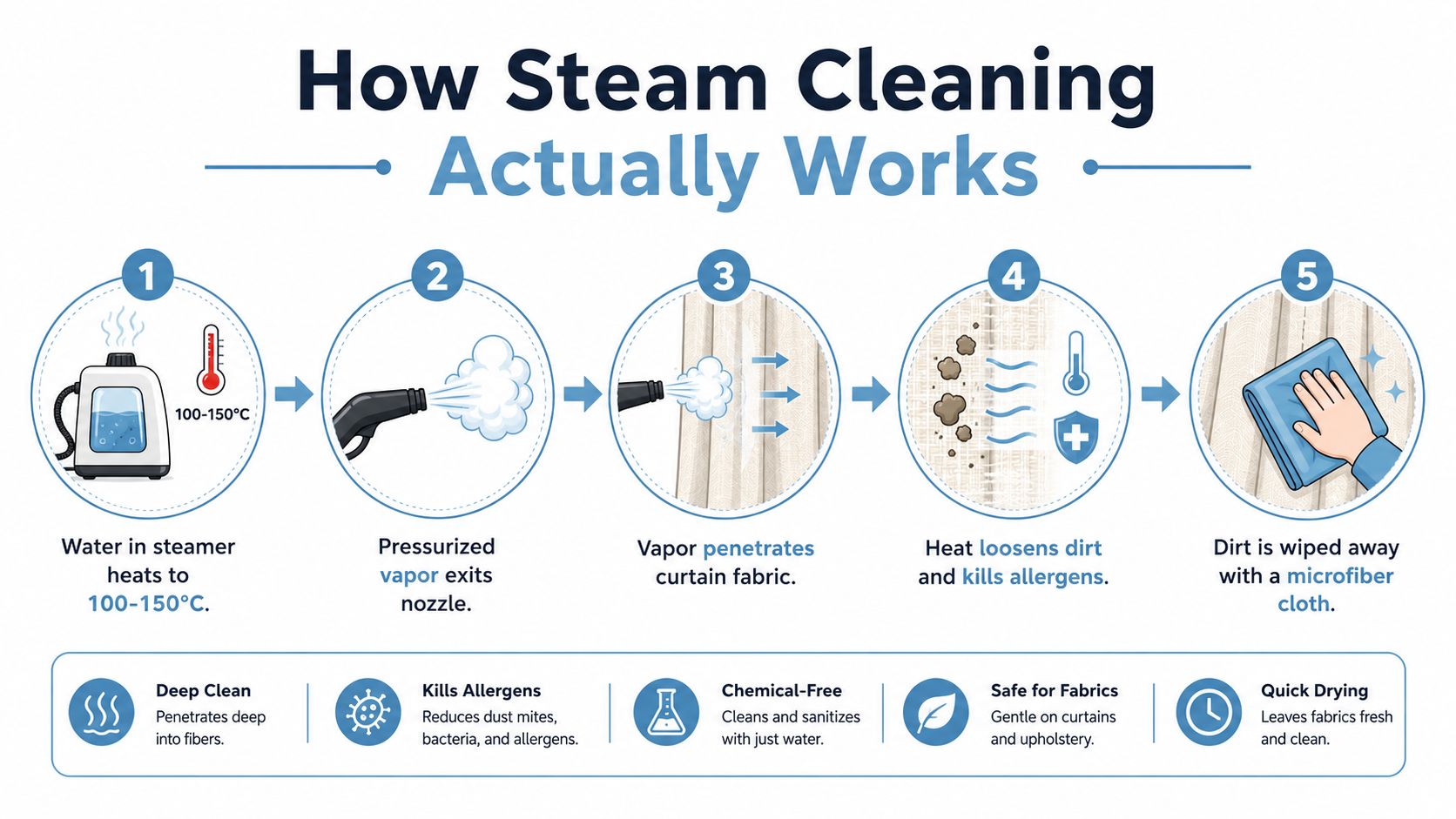 A five-step infographic explaining the process of steam cleaning curtains using heat and pressurized water vapor.