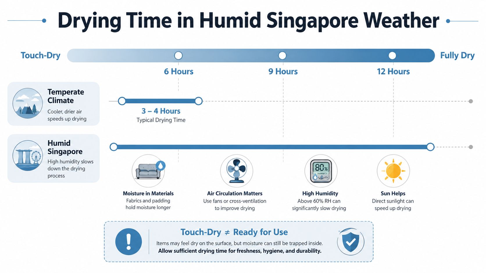 An infographic comparing drying times for fabrics in temperate climates versus humid Singaporean weather conditions.
