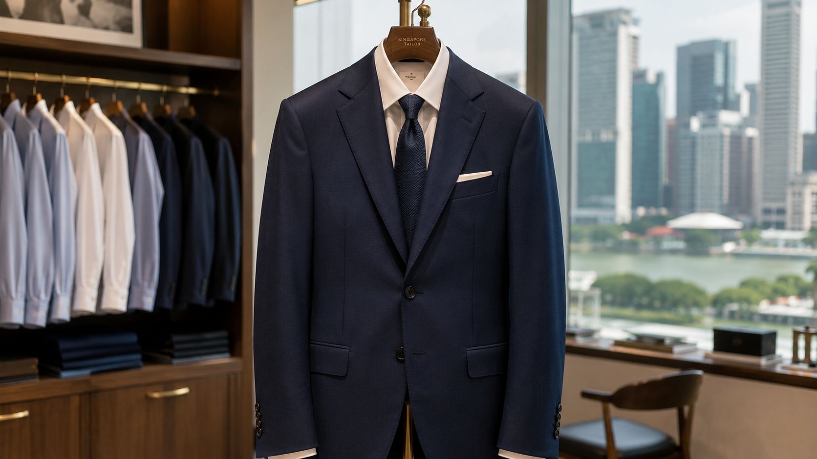 A sharp navy blue tailored suit hanging on a wooden hanger in a professional tailor shop.