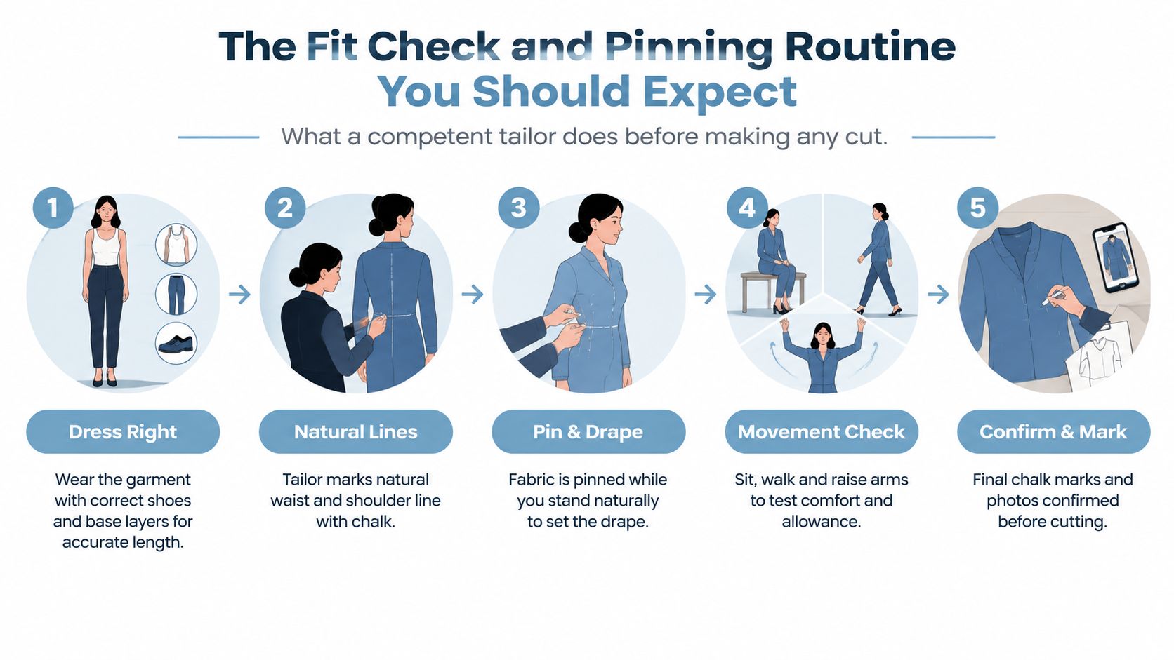 An infographic showing a five-step professional tailor fitting and pinning process for custom garment alterations.