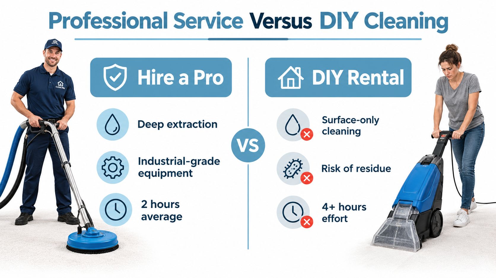 A comparison graphic between professional carpet cleaning services and DIY rental machines for home maintenance.