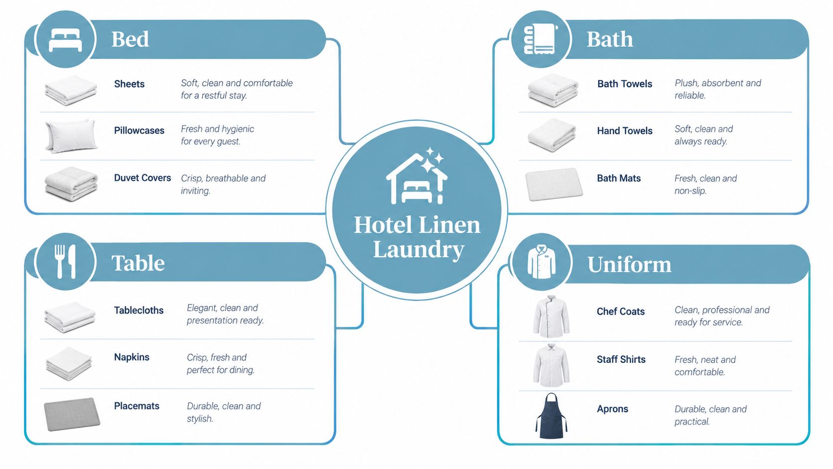 A diagram categorized into Bed, Bath, Table, and Uniform sections showcasing various hotel laundry and linen services.