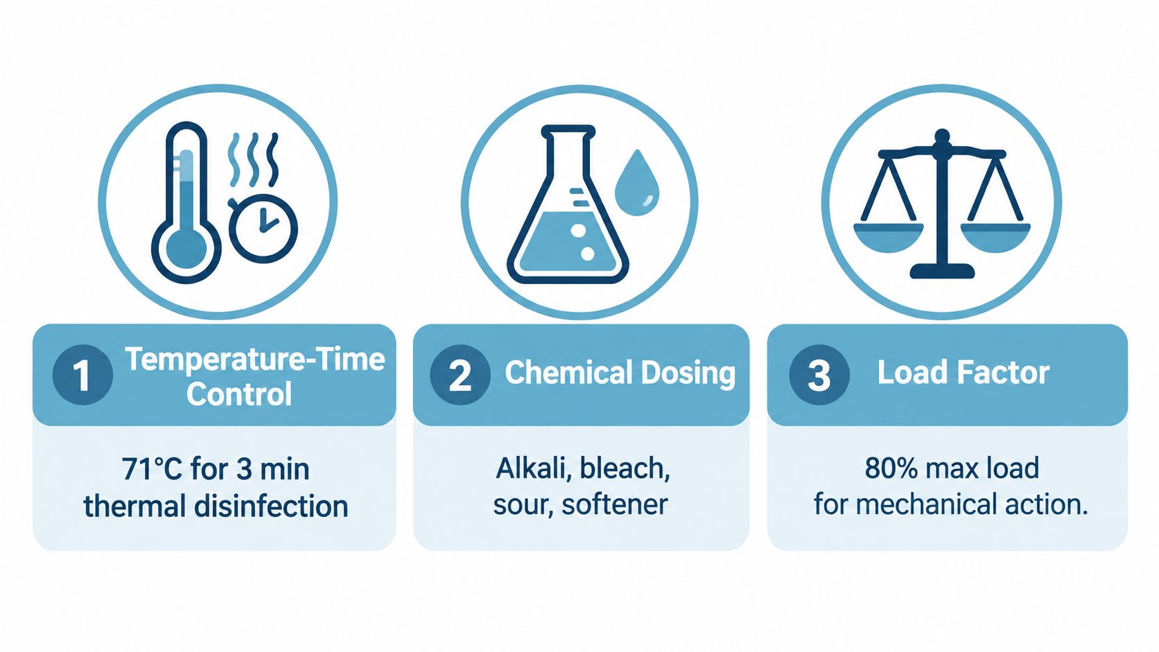 A graphic showing three key requirements for laundry processes: temperature control, chemical dosing, and load factor.