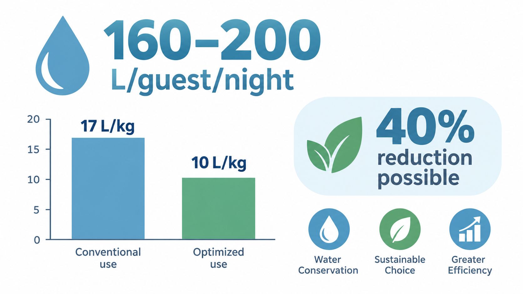 An infographic showing hotel laundry water consumption metrics, including 160-200 liters per guest and efficiency savings.