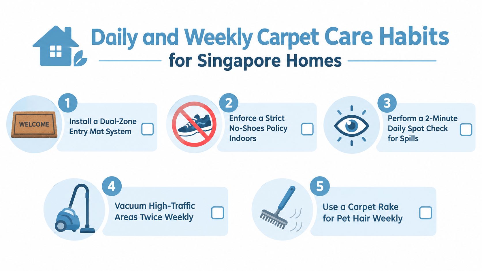 An infographic showing five essential daily and weekly habits for maintaining clean carpets in Singapore homes.
