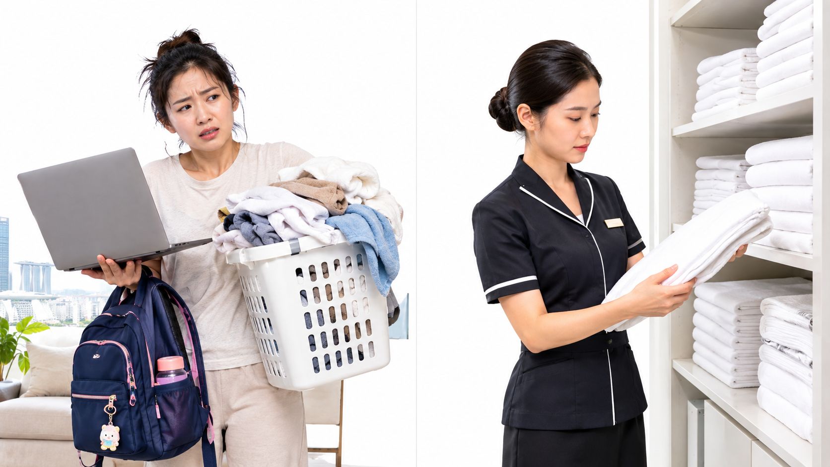 A split-screen comparison of a woman holding laundry and a professional hotel housekeeper organizing clean white towels.