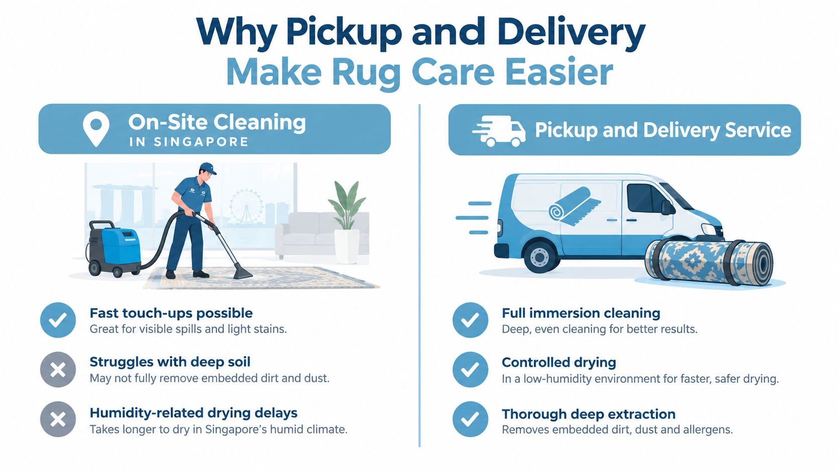 A comparison infographic showing the benefits of pickup and delivery rug cleaning services versus on-site rug cleaning.