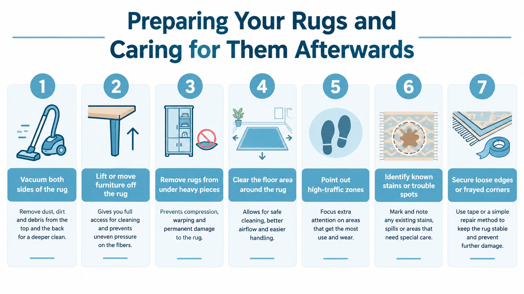 An infographic titled Preparing Your Rugs and Caring for Them Afterwards, featuring seven numbered steps for rug maintenance.