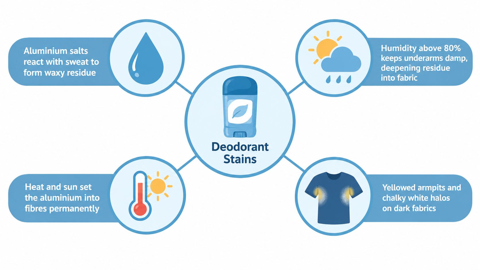A diagram explaining how deodorant stains form on clothes due to aluminium salts, sweat, and humidity.