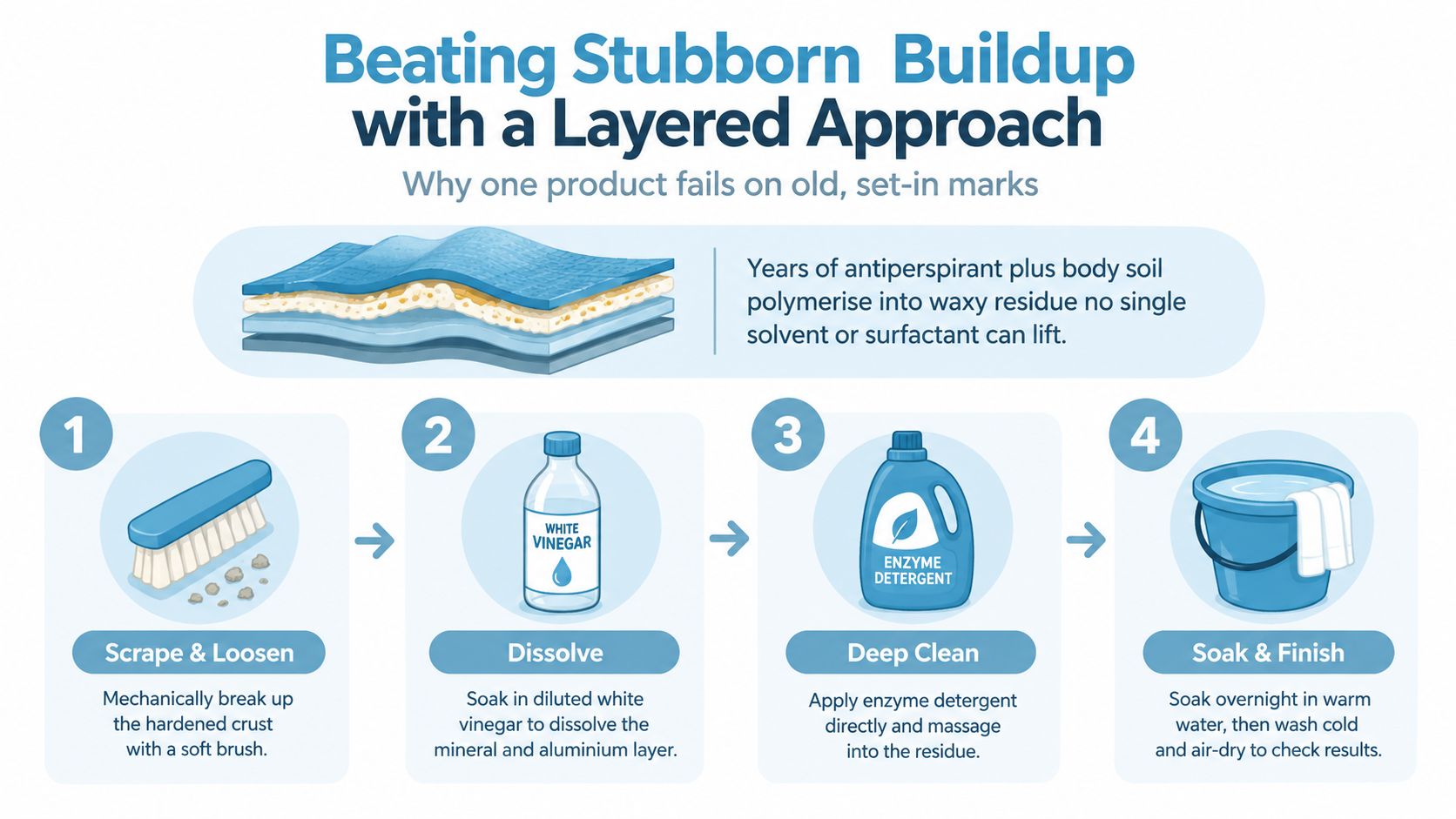 A four-step infographic illustrating how to remove stubborn deodorant buildup from clothing using a layered cleaning process.