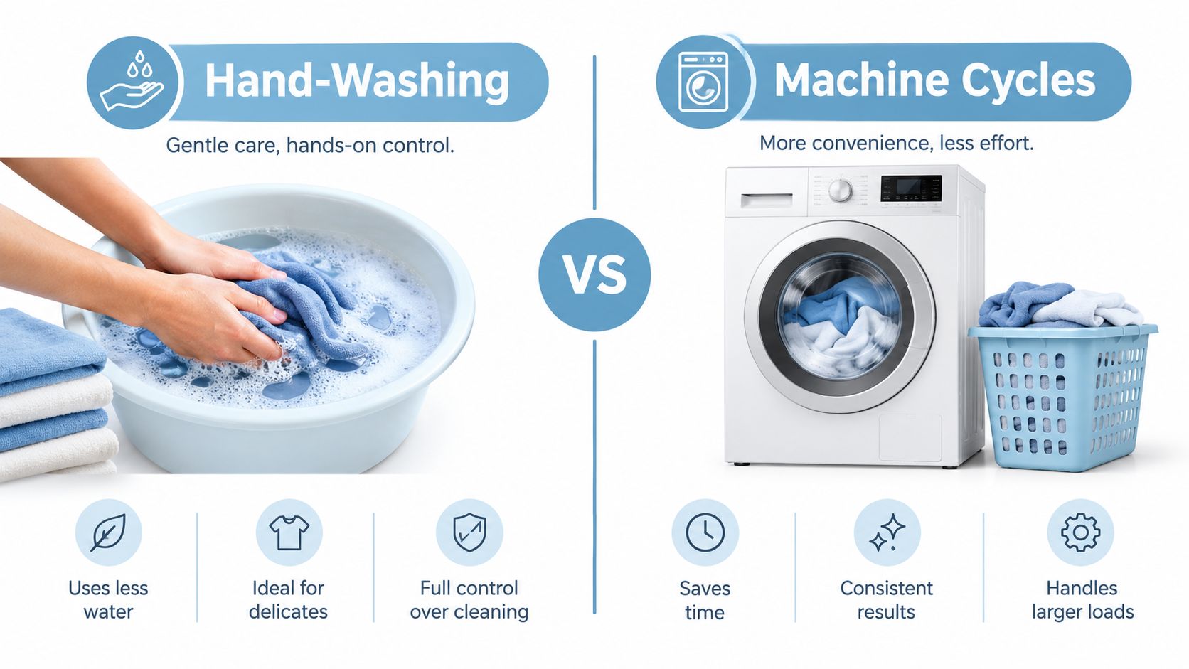 A comparison graphic showing the benefits of hand-washing versus using a washing machine for laundry care.