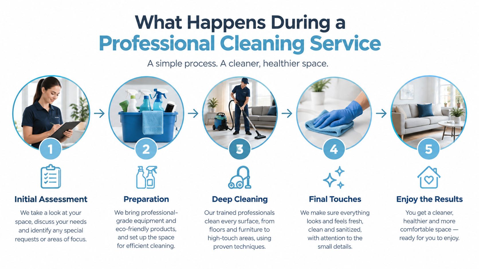 A five-step infographic showing the professional cleaning service process from assessment to the final clean results.