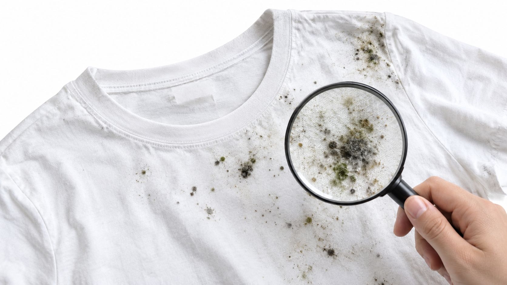 A hand holding a magnifying glass over dark mold spots on a white cotton t-shirt.