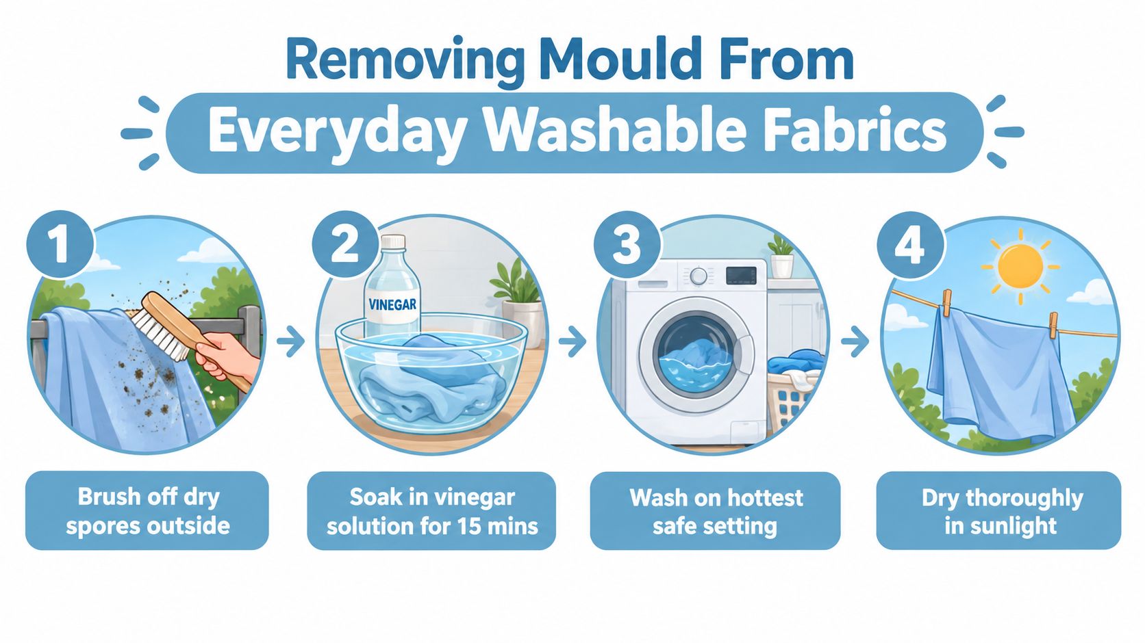 A four-step infographic illustrating how to remove mould from washable fabrics using vinegar and sunlight.