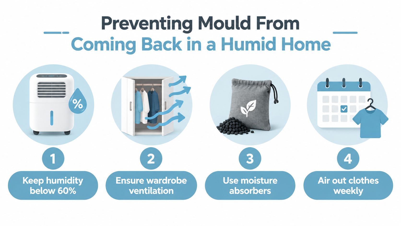 A four-step infographic illustrating methods to prevent mould in a humid home by controlling moisture.