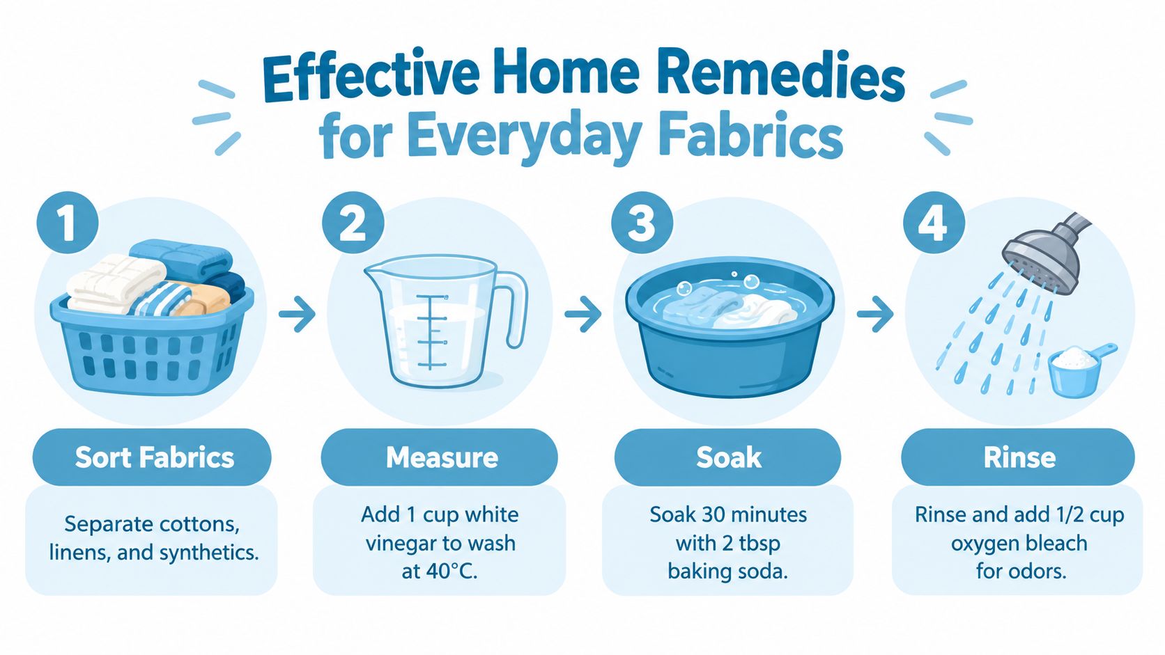 An infographic showing a four-step guide on how to remove unpleasant odors from everyday home fabrics.