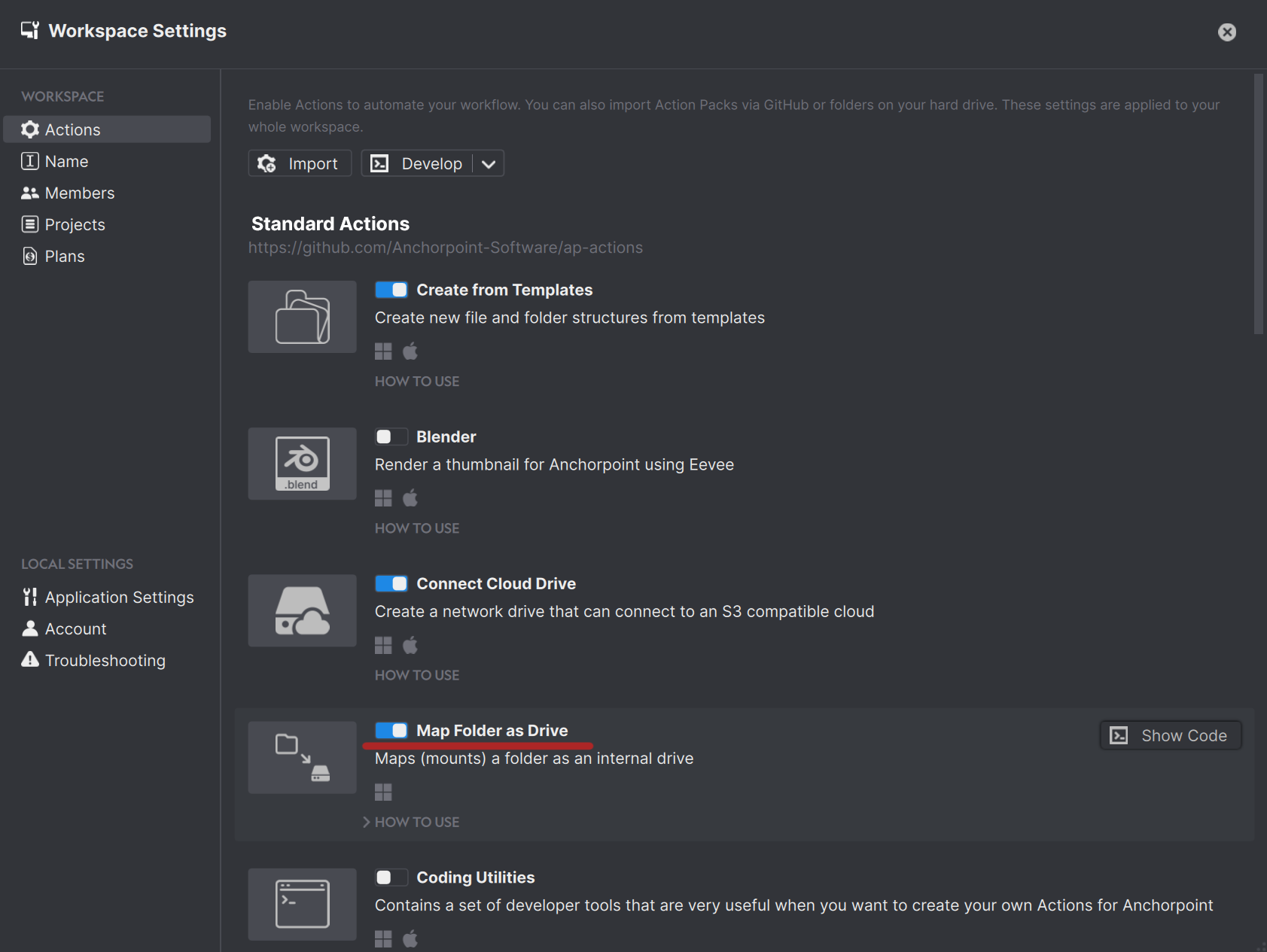 Action settings in Anchorpoint. They allow to map folders to drive letters