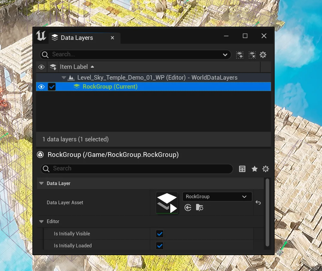 A screenshot that shows how Data Layers are used to group parts of the level using World Partition