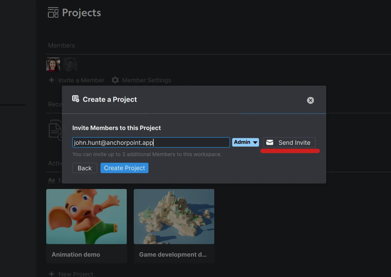 Invite the same member that you have invited to VWS via email, then click on "Create Project"