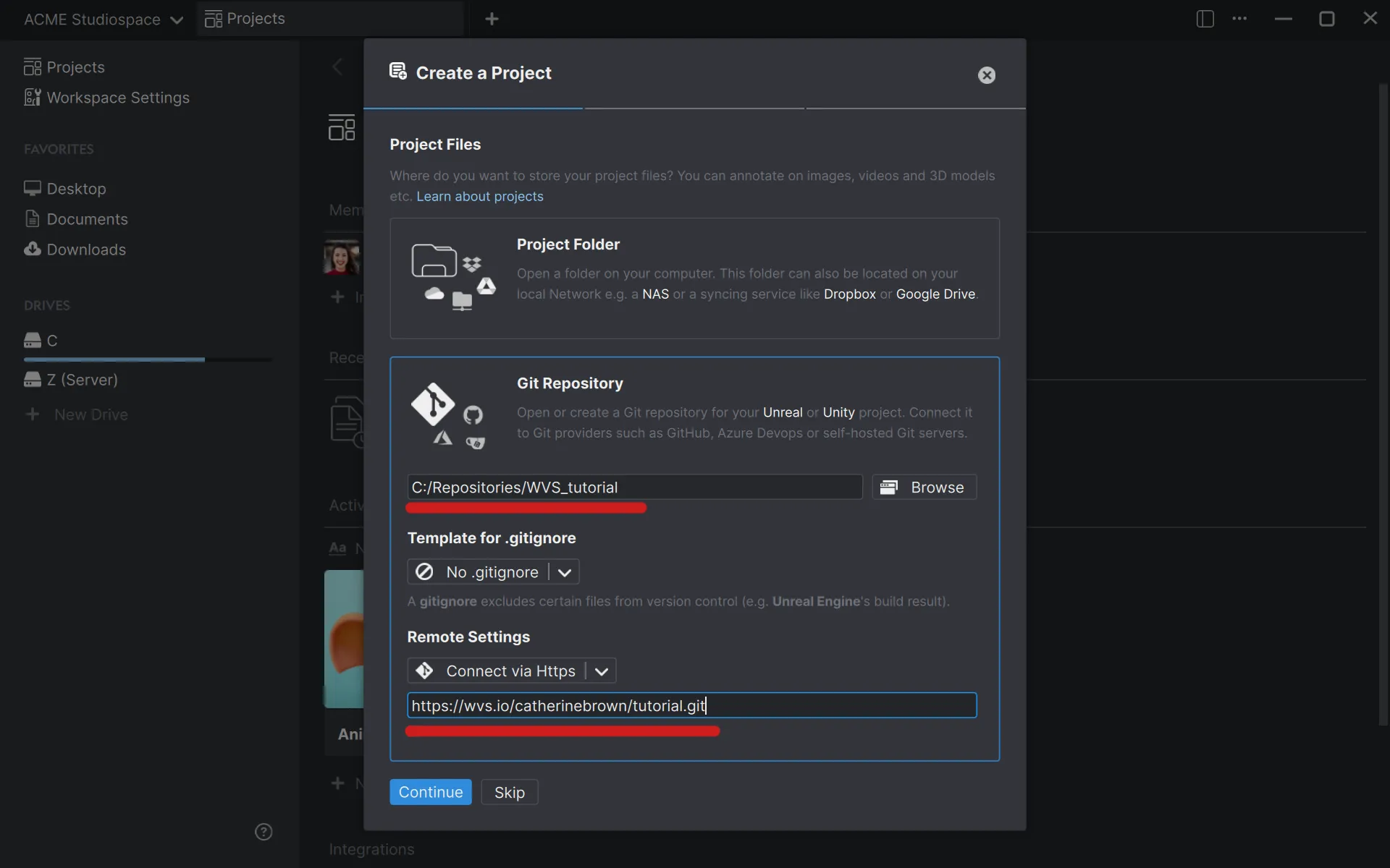 Click on "Git Repository", browse to an empty folder which will contain the project files and paste the URL from WVS