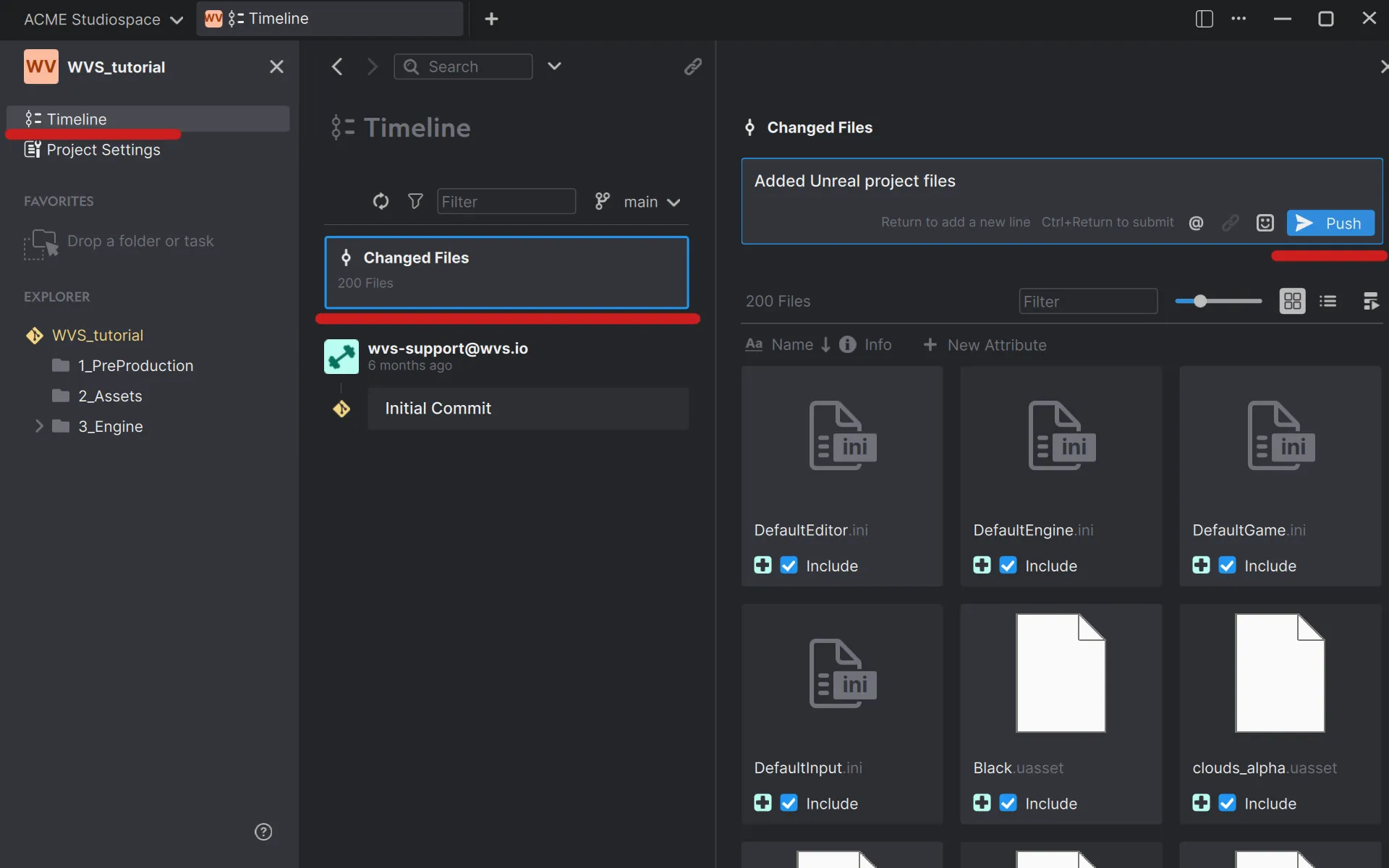 After you pasted the Unreal Engine project files into the "3_Engine" folder, cick on "Timeline", then on "Changed Files". Write a message in into the textfield and press "Push"