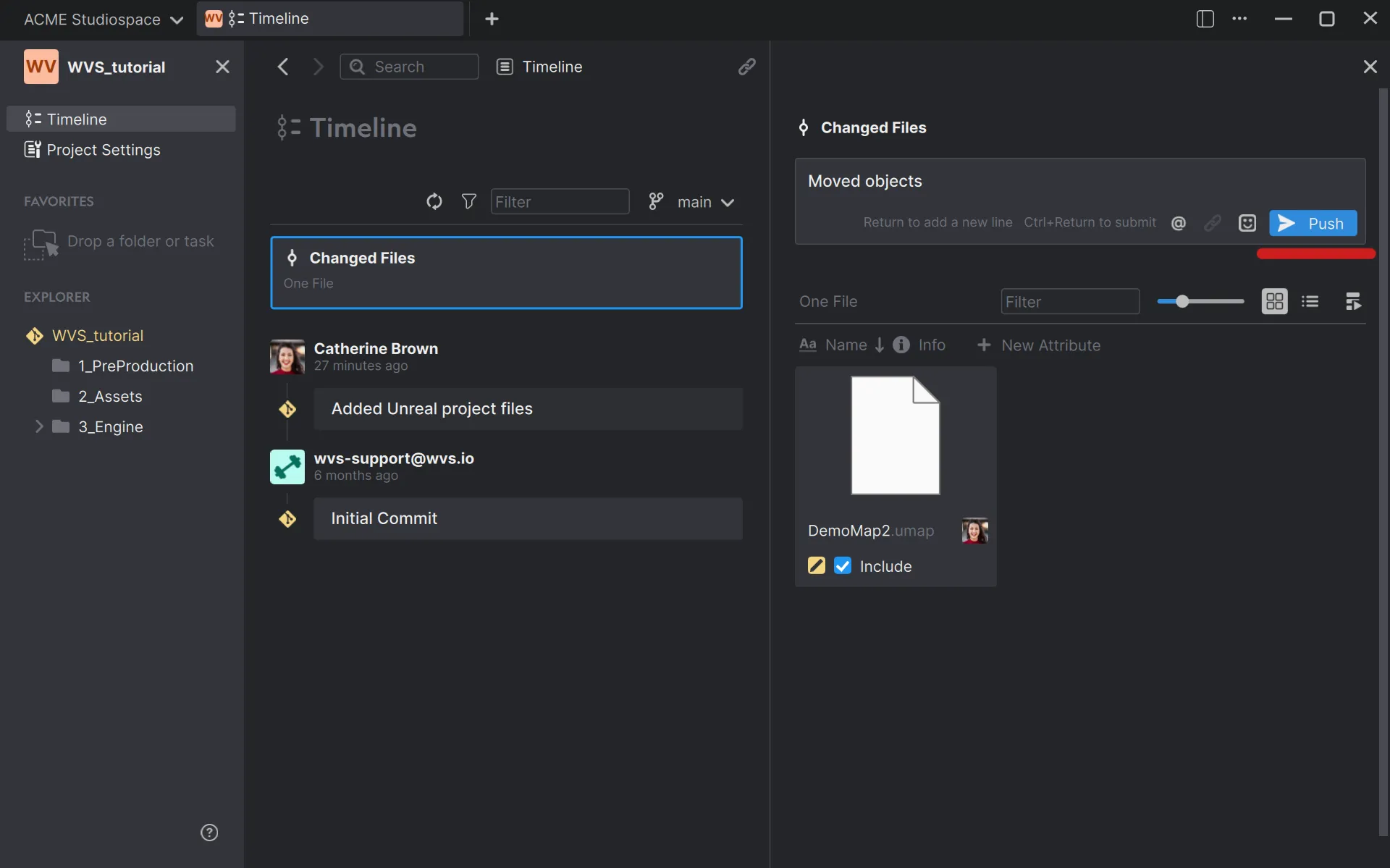 In this case we changed the level in Unreal. Anchorpoint detects the changes, so you can add a message and push it to WVS.