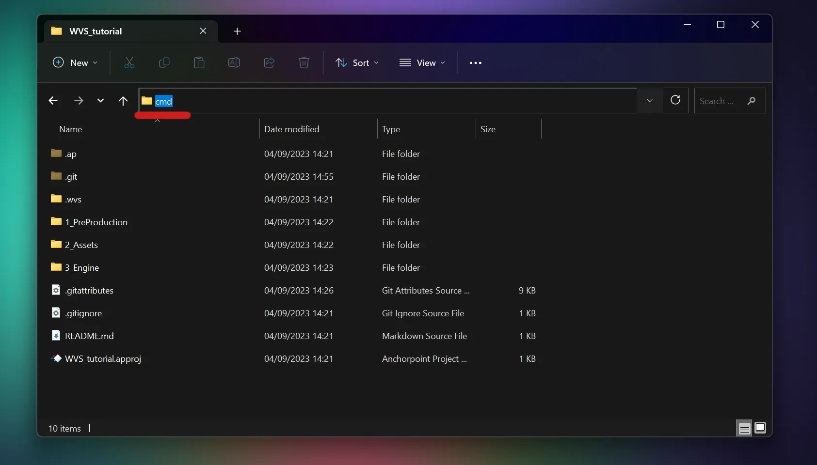 Go to your project folder in Windows Explorer and enter "cmd" in the address field. Press Enter.