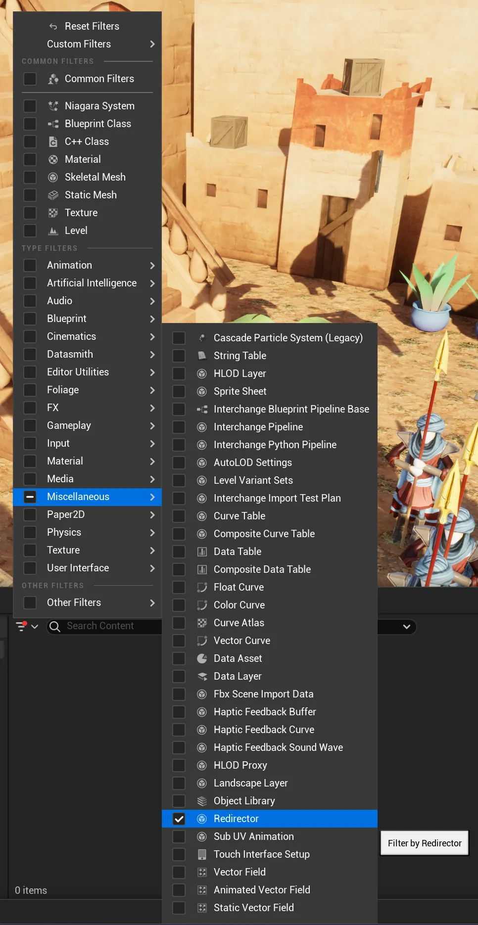 show redirectors in Unreal
